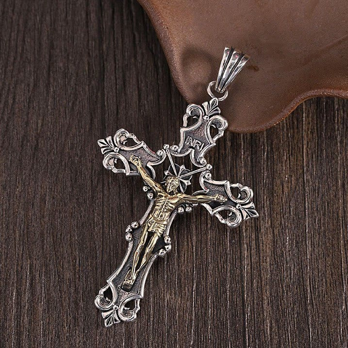 Collana con crocifisso rustico in bronzo e argento Christianartworkshop in S925: una testimonianza di fede - Bronzo - image 0
