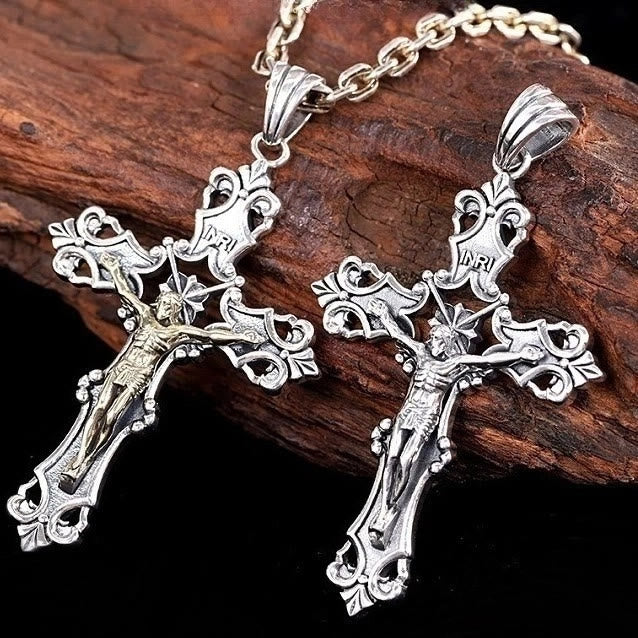 Collana con crocifisso rustico in bronzo e argento Christianartworkshop in S925: una testimonianza di fede - Argento - image 1