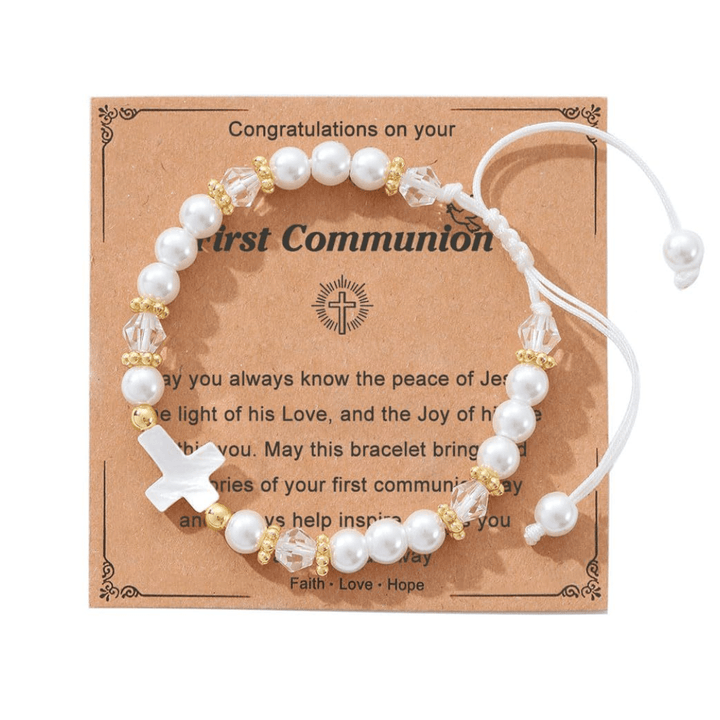 Christianartworkshop FEDE IN PREGHIERA: Bracciale regalo per la Prima Comunione con croce e biglietto di benedizione - C - image 2