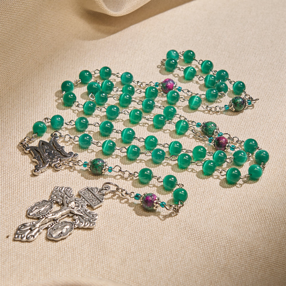 Christianartworkshop Perlina in pietra naturale color verde pavone con medaglia miracolosa e rosario con crocifisso - Medaglia miracolosa e crocifisso del perdono - image 1