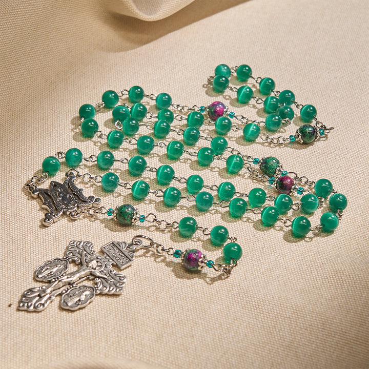Christianartworkshop Perlina in pietra naturale color verde pavone con medaglia miracolosa e rosario con crocifisso - Medaglia miracolosa e crocifisso del perdono - image 1