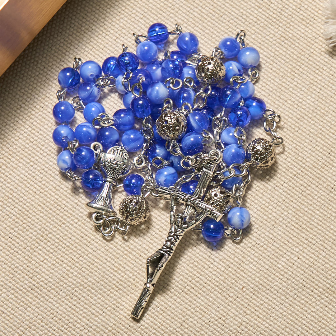 Christianartworkshop Elegante rosario con perle rotonde blu sfumate da 6 mm con Santo Graal e crocifisso - image 6