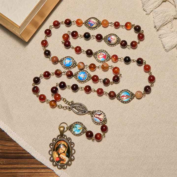 Christianartworkshop: Medaglia della Madonna e rosario con simboli dei santi in perle di agata marrone. - image 2