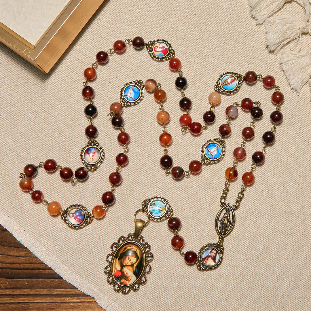 Christianartworkshop: Medaglia della Madonna e rosario con simboli dei santi in perle di agata marrone. - image 3