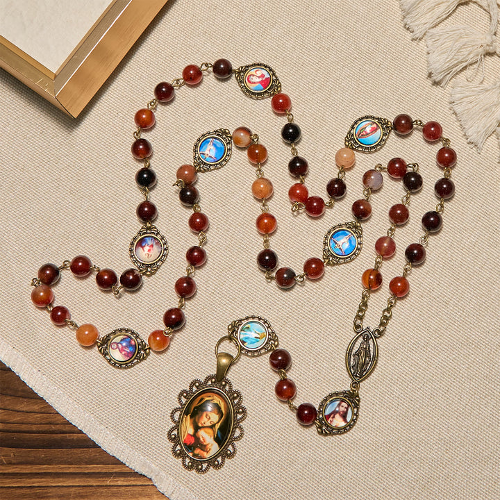 Christianartworkshop: Medaglia della Madonna e rosario con simboli dei santi in perle di agata marrone. - image 3