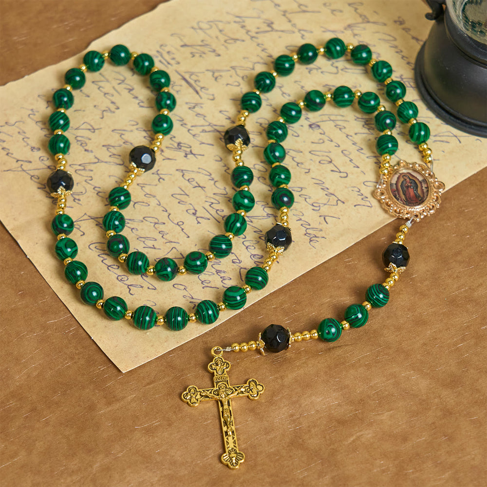 Christianartworkshop Rosario in malachite verde liscia con crocifisso e medaglia miracolosa - image 1