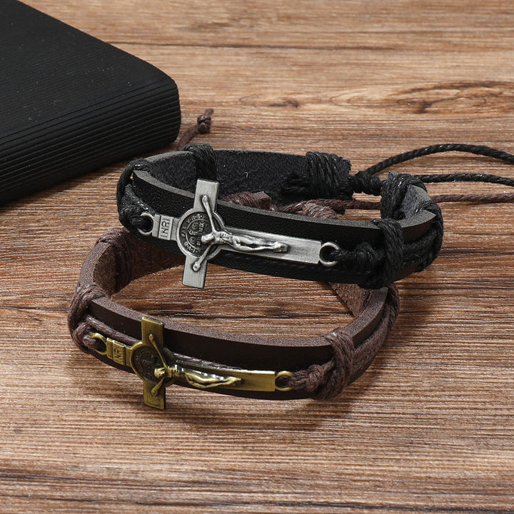 Bracciale regolabile in pelle marrone o nera in stile classico Christianartworkshop con crocifisso - image 5