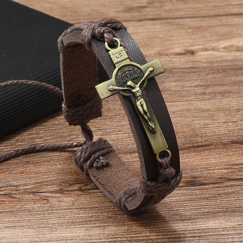 Bracciale regolabile in pelle marrone o nera in stile classico Christianartworkshop con crocifisso - Marrone - image 0