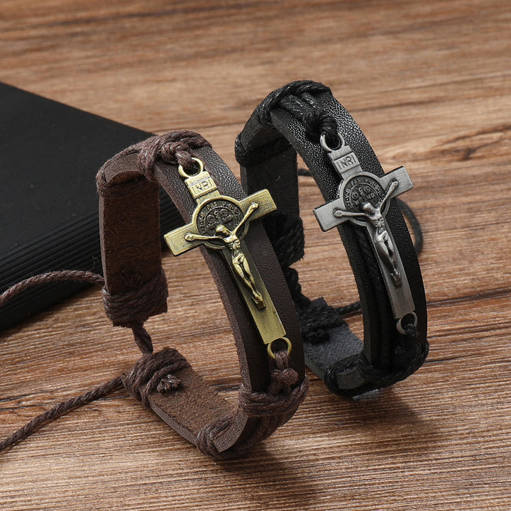 Bracciale regolabile in pelle marrone o nera in stile classico Christianartworkshop con crocifisso - image 3
