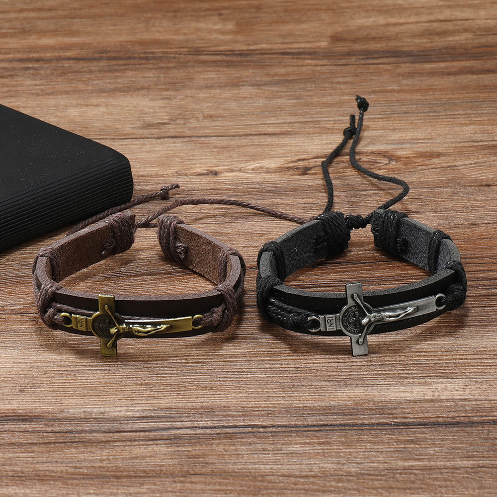 Bracciale regolabile in pelle marrone o nera in stile classico Christianartworkshop con crocifisso - image 4