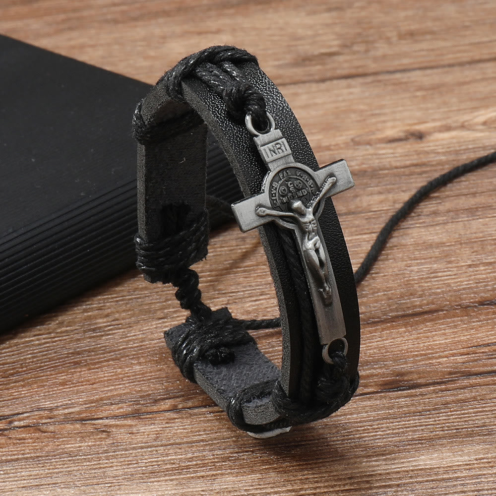 Bracciale regolabile in pelle marrone o nera in stile classico Christianartworkshop con crocifisso - Nero - image 1