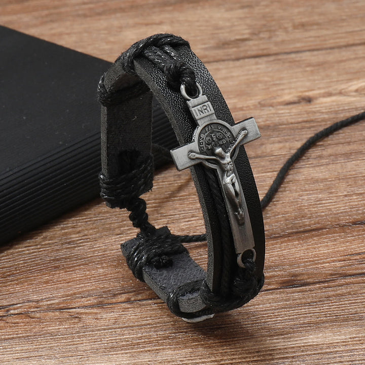 Bracciale regolabile in pelle marrone o nera in stile classico Christianartworkshop con crocifisso - Nero - image 1