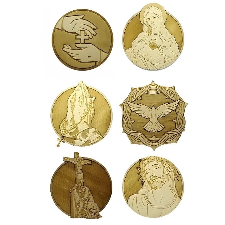Christianartworkshop Set di 6 sottobicchieri in legno ispirati alla fede con i simboli della Madonna e di Cristo - image 1