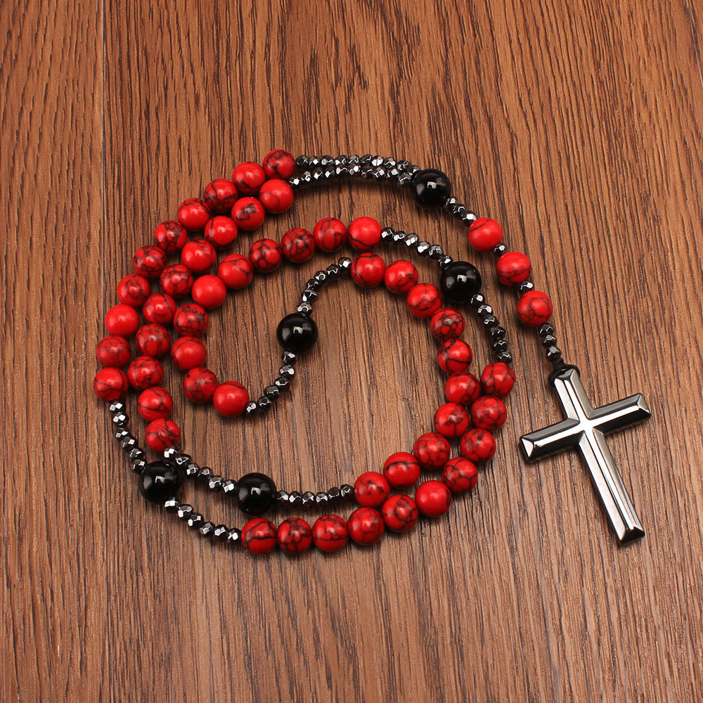 Christianartworkshop Rosario con croce in turchese rosso naturale e agata nera: per la preghiera fedele - Rosso - image 0