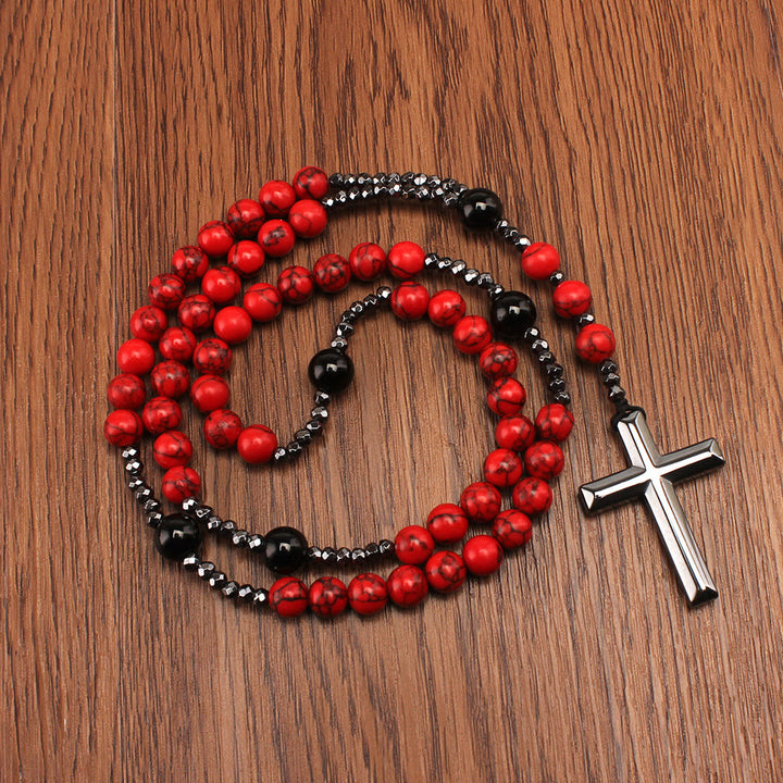 Christianartworkshop Rosario con croce in turchese rosso naturale e agata nera: per la preghiera fedele - Rosso - image 0