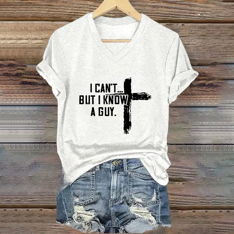 Christianartworkshop Maglietta da donna con scollo a V e stampa "I Can't But I Know A Guy Faith" - Bianco - 4XL - image 0