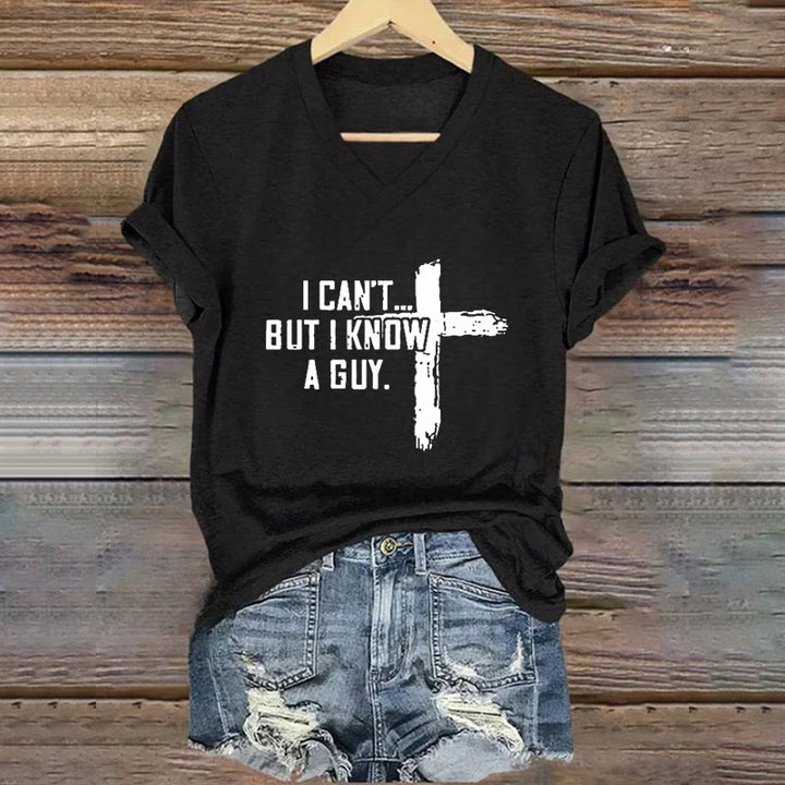 Christianartworkshop Maglietta da donna con scollo a V e stampa "I Can't But I Know A Guy Faith" - Nero - 4XL - image 2