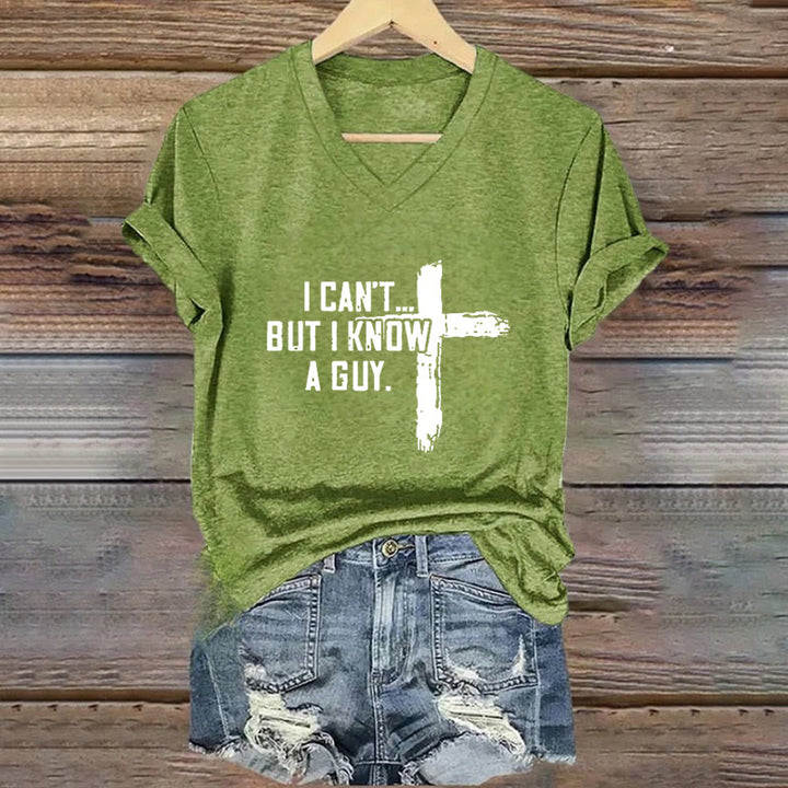 Christianartworkshop Maglietta da donna con scollo a V e stampa "I Can't But I Know A Guy Faith" - Verde - 4XL - image 5