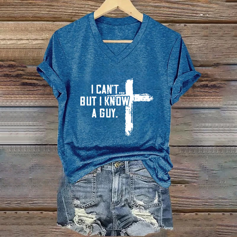 Christianartworkshop Maglietta da donna con scollo a V e stampa "I Can't But I Know A Guy Faith" - Blu - 4XL - image 6