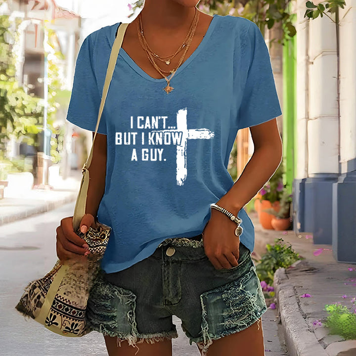 Christianartworkshop Maglietta da donna con scollo a V e stampa "I Can't But I Know A Guy Faith" - image 7