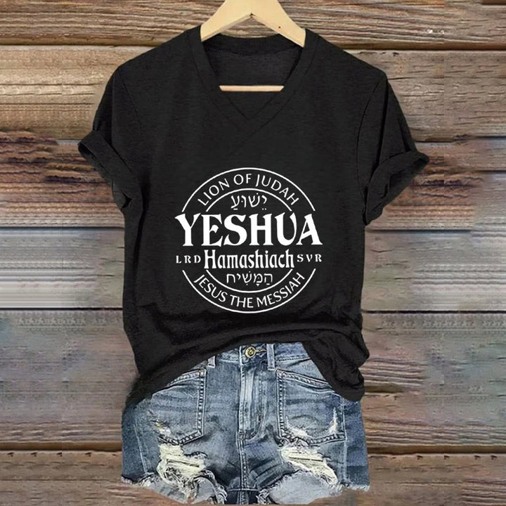 Christianartworkshop Maglietta casual con scollo a V e stampa Leone di Giuda Yeshua da donna - Nero - 4XL - image 0