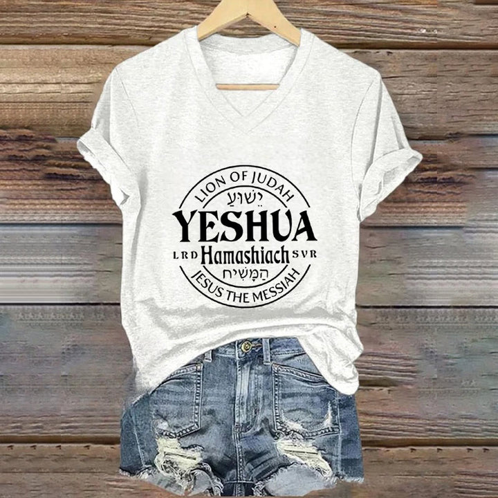 Christianartworkshop Maglietta casual con scollo a V e stampa Leone di Giuda Yeshua da donna - Bianco - 4XL - image 3