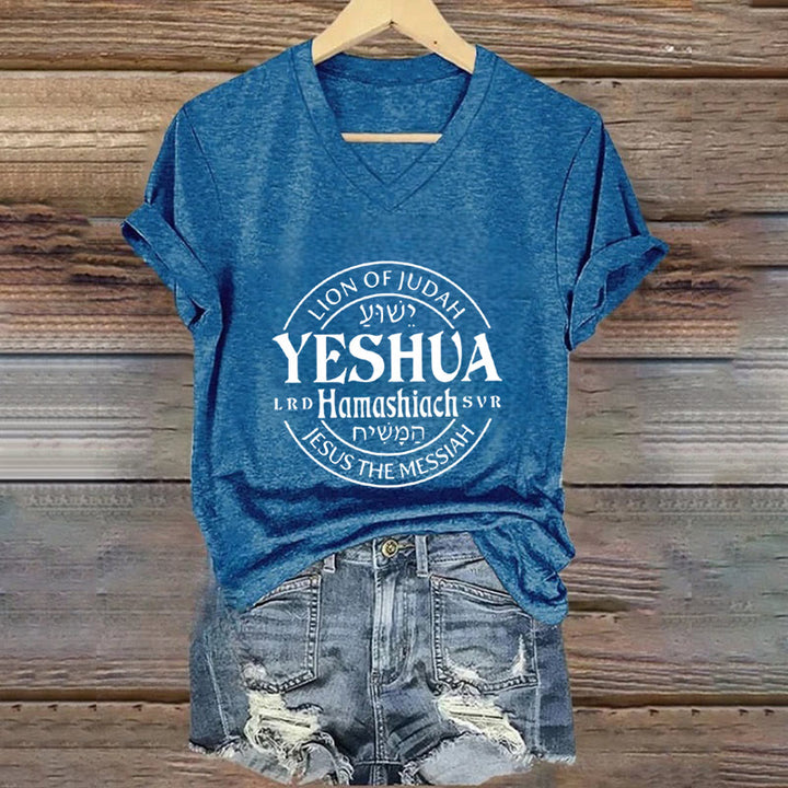 Christianartworkshop Maglietta casual con scollo a V e stampa Leone di Giuda Yeshua da donna - Blu - 4XL - image 7