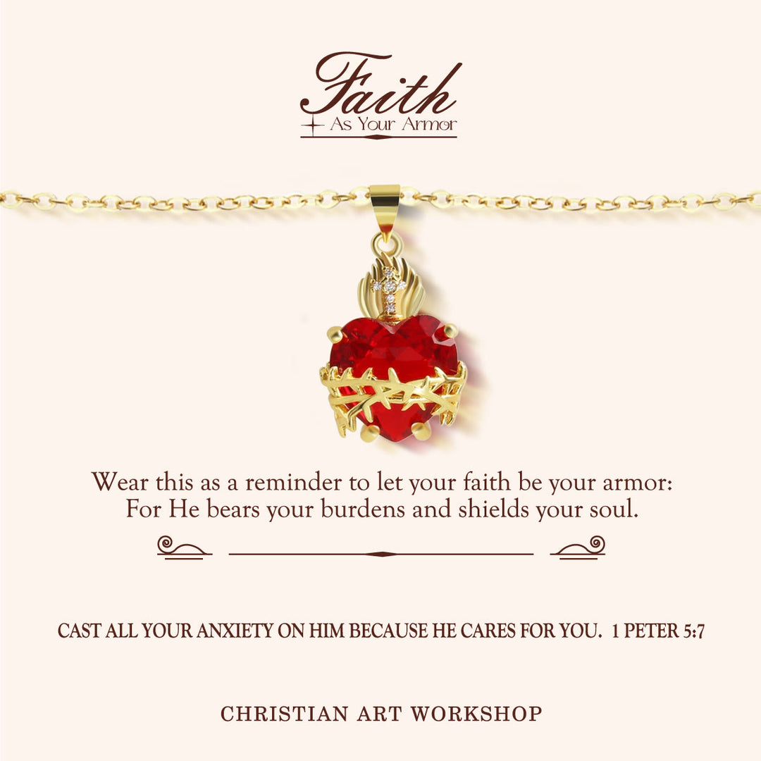 Christianartworkshop LA FEDE COME ARMATURA: Collana con ciondolo del Sacro Cuore di Gesù con pietre preziose rosse - LA FEDE COME ARMATURA - image 0