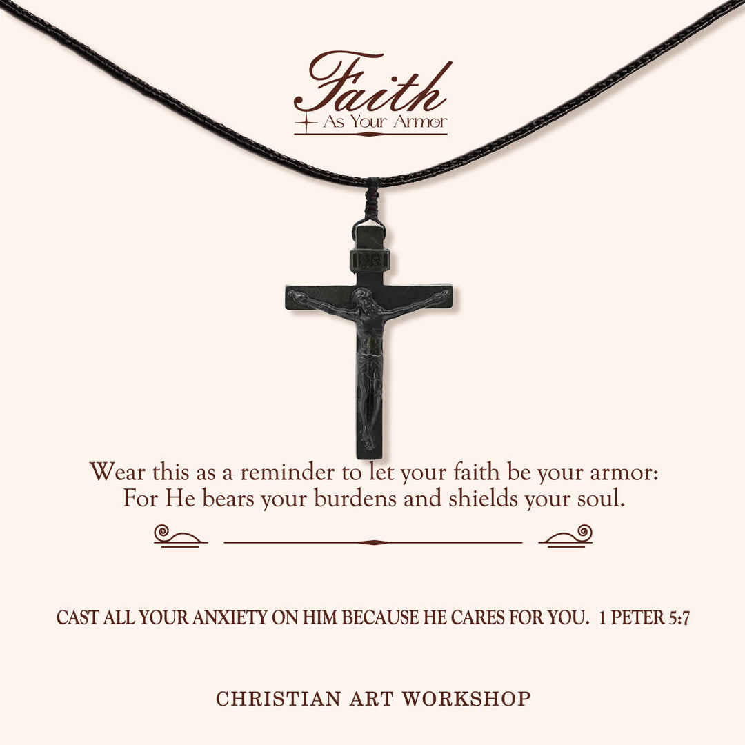 Christianartworkshop LA FEDE COME ARMATURA: Collana in legno con crocifisso di Gesù - LA FEDE COME ARMATURA - Inchiostro - image 2