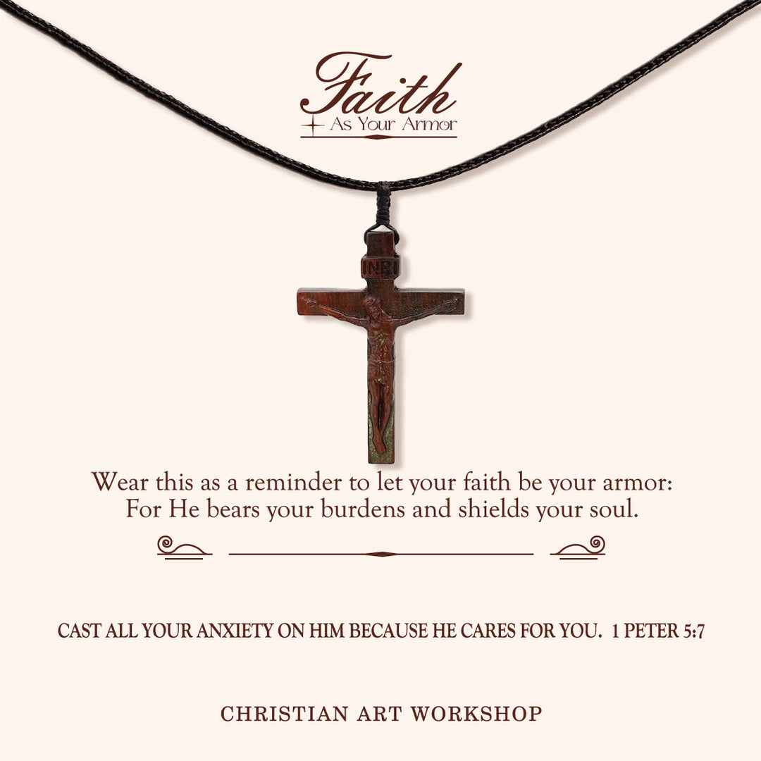 Christianartworkshop LA FEDE COME ARMATURA: Collana in legno con crocifisso di Gesù - LA FEDE COME ARMATURA - Vino - image 1
