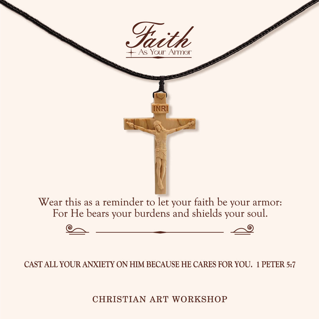 Christianartworkshop LA FEDE COME ARMATURA: Collana in legno con crocifisso di Gesù - LA FEDE COME ARMATURA - Luce - image 0