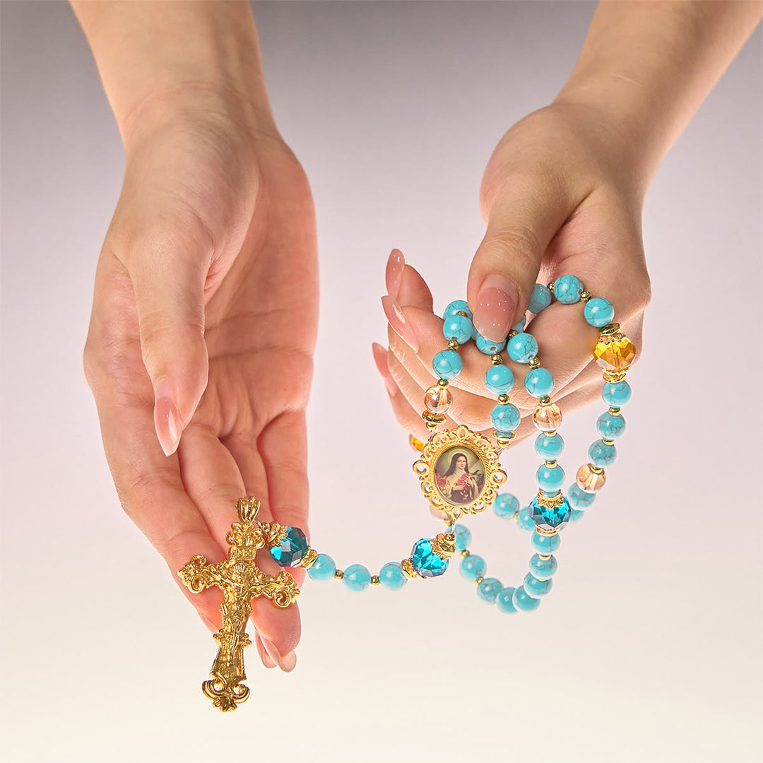 Christianartworkshop Rosario in lega di turchese e oro fatto a mano con crocifisso e medaglia di Santa Teresa: grazioso legame spirituale - image 4