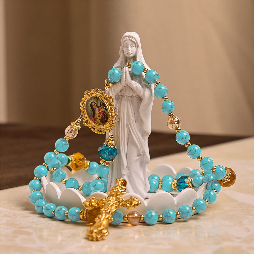 Christianartworkshop Rosario in lega di turchese e oro fatto a mano con crocifisso e medaglia di Santa Teresa: grazioso legame spirituale - image 7