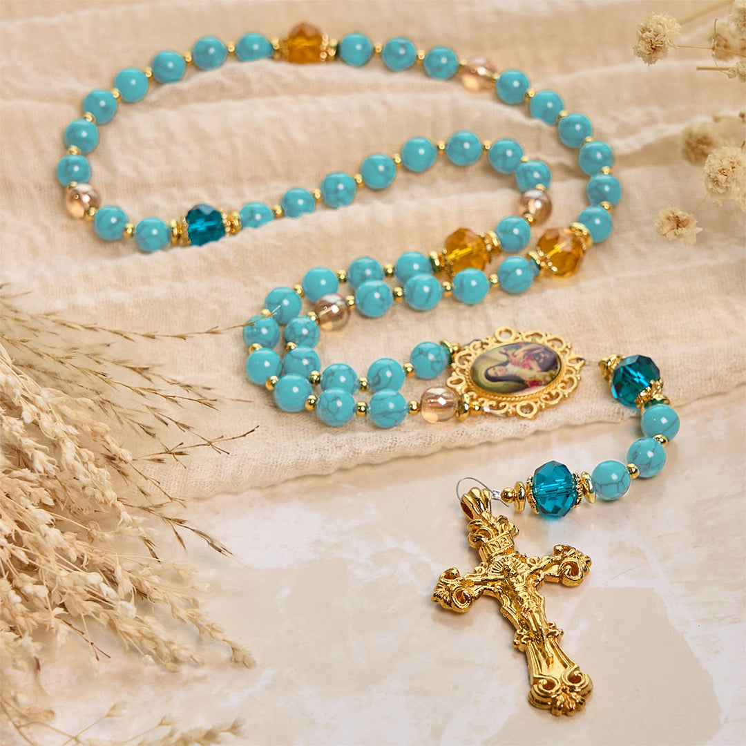 Christianartworkshop Rosario in lega di turchese e oro fatto a mano con crocifisso e medaglia di Santa Teresa: grazioso legame spirituale - image 3
