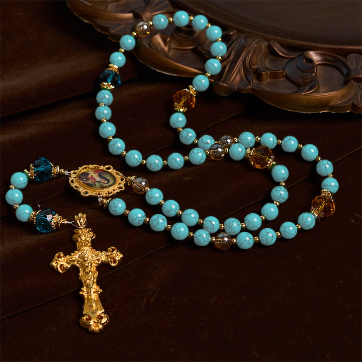 Rosario artigianale in turchese e lega d'oro con crocifisso e medaglia di Santa Teresa, realizzato Christianartworkshop : un legame spirituale di grazia. - Crocifisso e medaglia di Santa Teresa - image 0