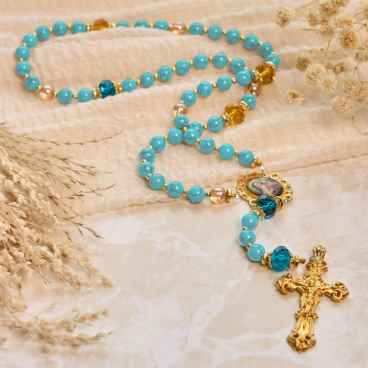Christianartworkshop Rosario in lega di turchese e oro fatto a mano con crocifisso e medaglia di Santa Teresa: grazioso legame spirituale - image 9