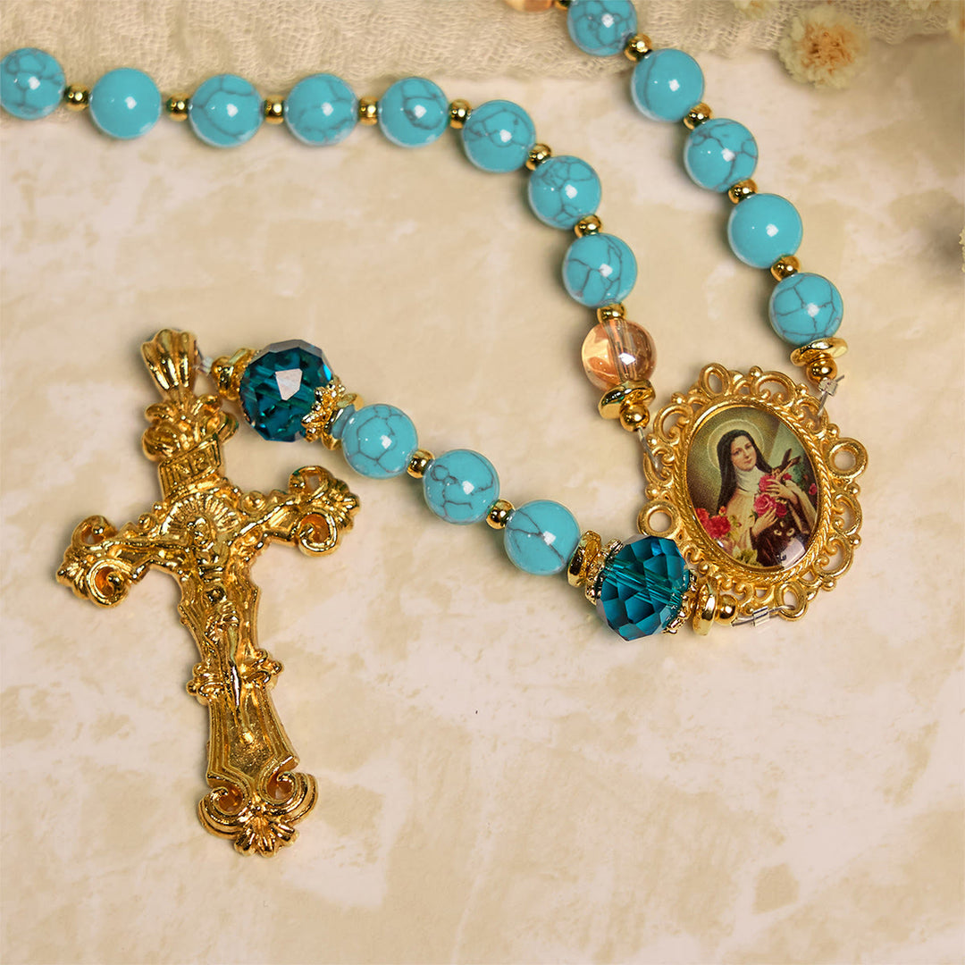 Christianartworkshop Rosario in lega di turchese e oro fatto a mano con crocifisso e medaglia di Santa Teresa: grazioso legame spirituale - image 10