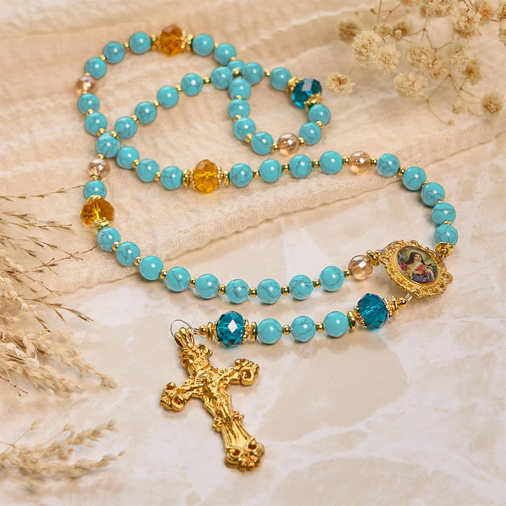 Christianartworkshop Rosario in lega di turchese e oro fatto a mano con crocifisso e medaglia di Santa Teresa: grazioso legame spirituale - image 8