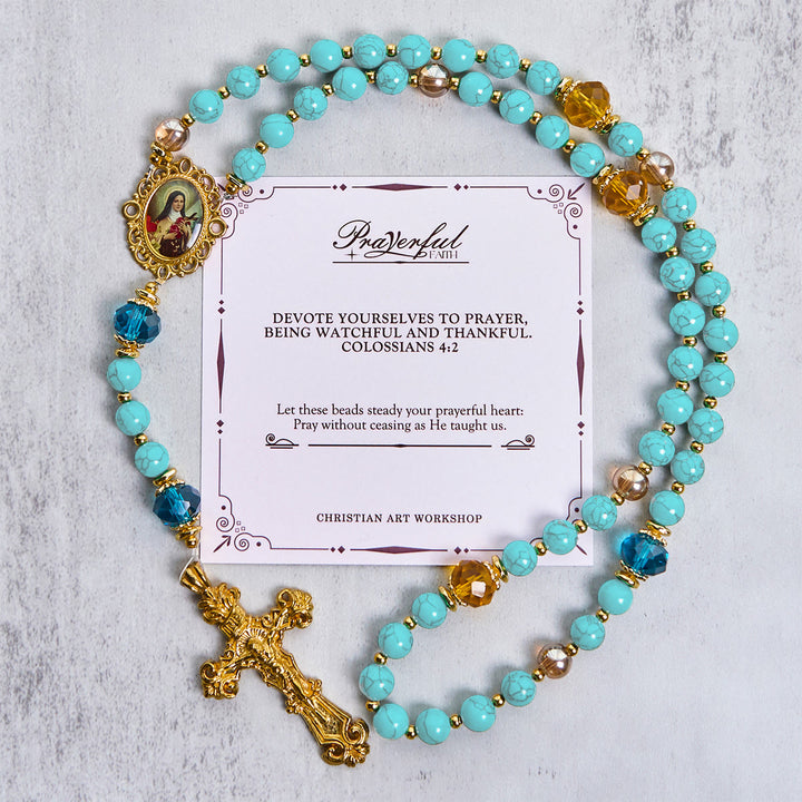 Christianartworkshop FEDE IN PREGHIERA: Rosario artigianale in lega di turchese e oro con carta regalo - FEDE IN PREGHIERA - image 0