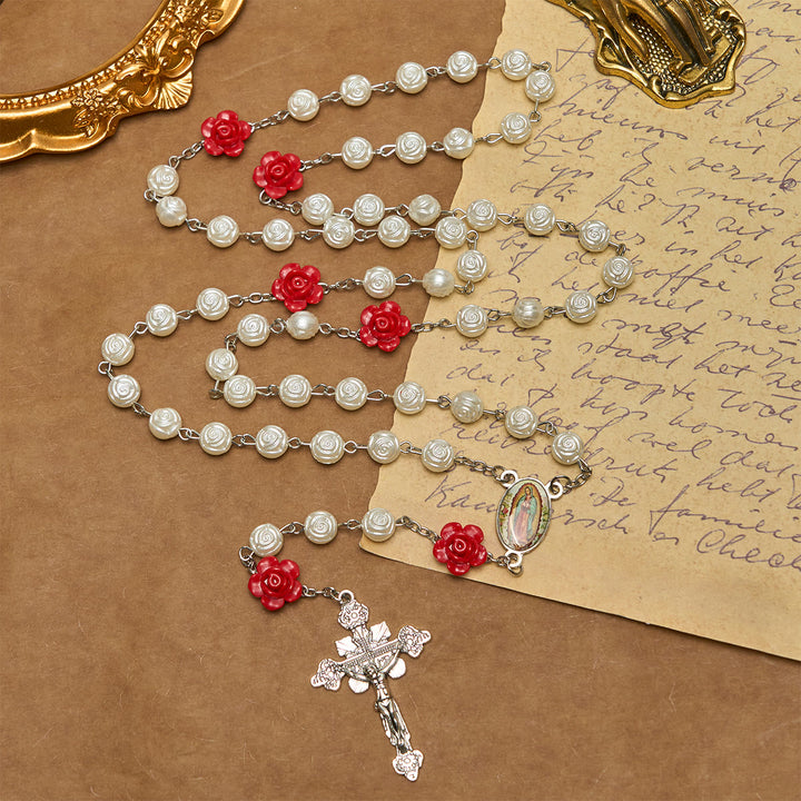 Christianartworkshop Grazioso rosario con perline di rosa bianca e rossa, crocifisso benedicente e Madonna - Rosa - image 0