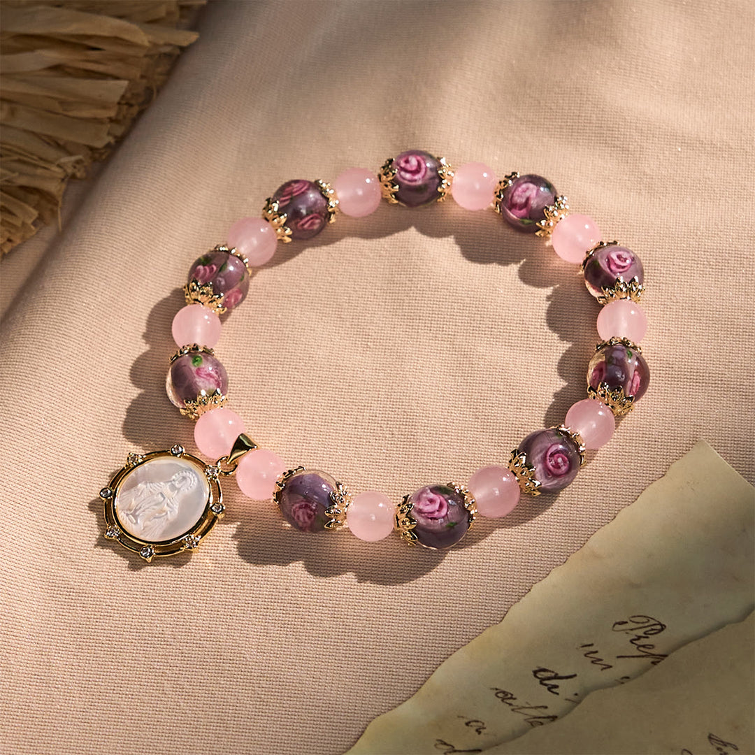 Christianartworkshop Braccialetto di cristallo di quarzo rosa fatto a mano con cammeo della Vergine Maria - Quarzo rosa - image 0