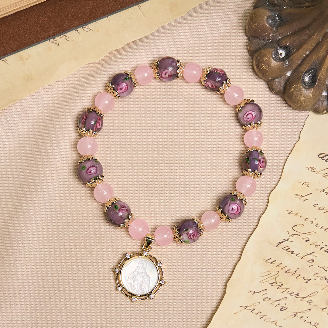 Christianartworkshop Braccialetto di cristallo di quarzo rosa fatto a mano con cammeo della Vergine Maria - image 2