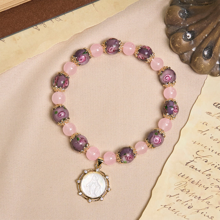 Christianartworkshop Braccialetto di cristallo di quarzo rosa fatto a mano con cammeo della Vergine Maria - image 2