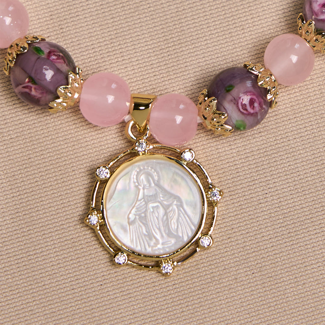 Christianartworkshop Bracciale in cristallo di quarzo rosa fatto a mano con cammeo Narce della Vergine Maria - image 4