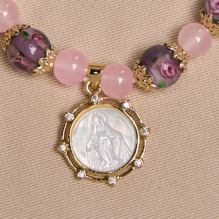 Christianartworkshop Bracciale in cristallo di quarzo rosa fatto a mano con cammeo Narce della Vergine Maria - image 4