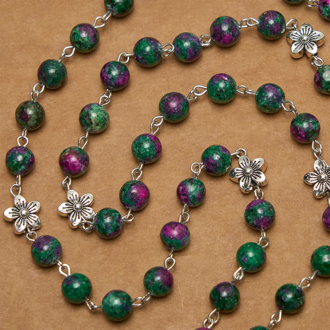 Christianartworkshop Rosario dei 7 Dolori con perline verdi squisite, ciondolo floreale e medaglia miracolosa - image 5