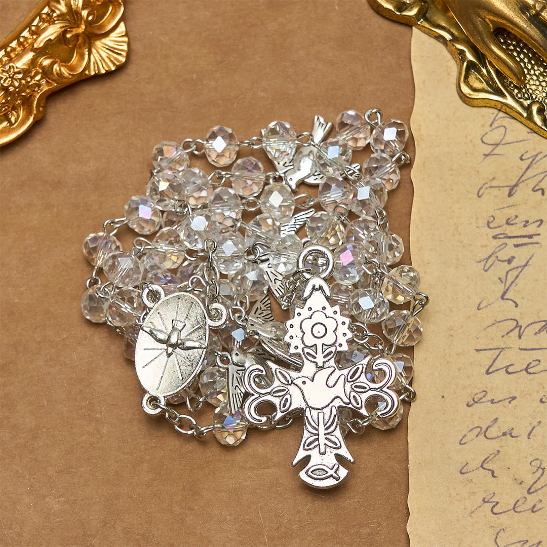 Rosario cattolico in cristallo trasparente con colomba dello Spirito Santo e croce Christianartworkshop - image 6