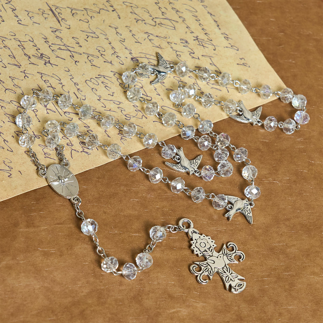 Rosario cattolico in cristallo trasparente con colomba dello Spirito Santo e croce Christianartworkshop - image 3