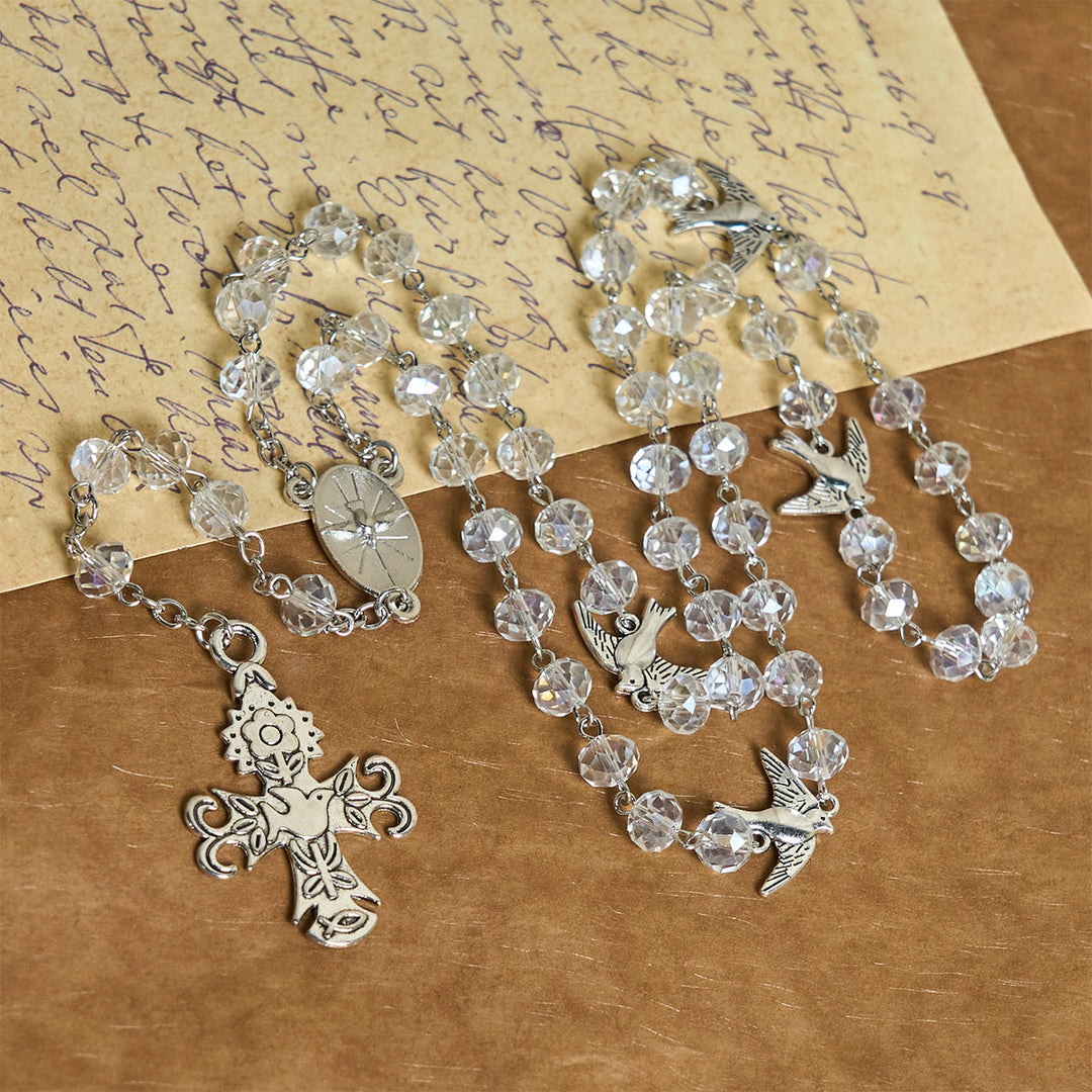 Rosario cattolico in cristallo trasparente con colomba dello Spirito Santo e croce Christianartworkshop - image 2