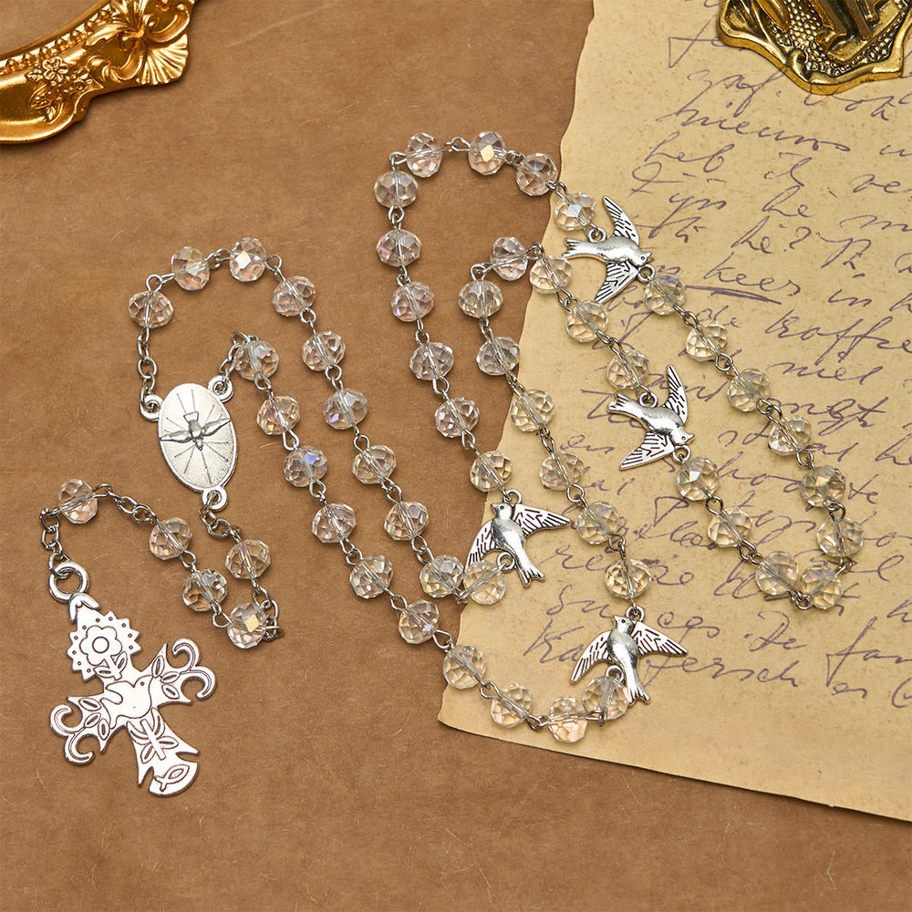 Rosario cattolico in cristallo trasparente con colomba dello Spirito Santo e croce Christianartworkshop - image 1